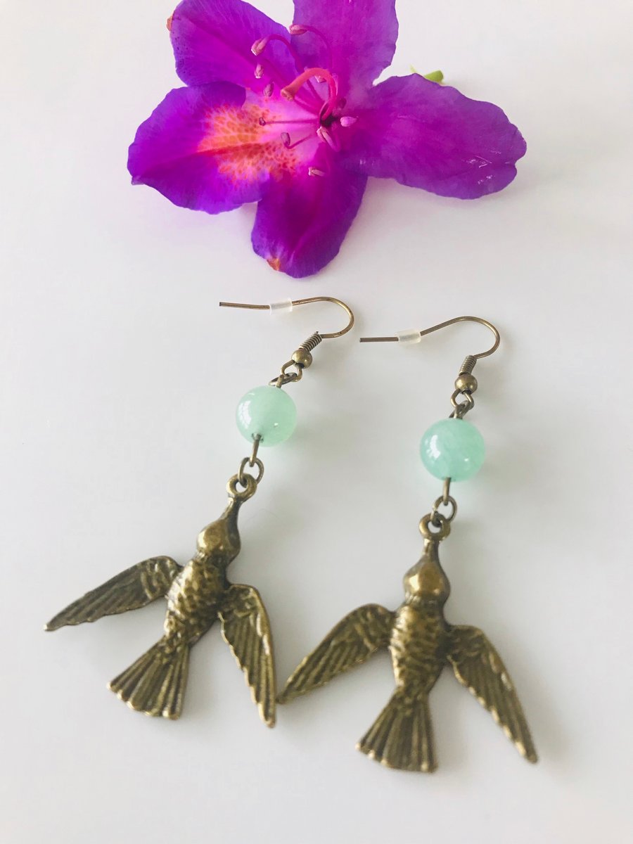Bird dangle earrings with Jade beads