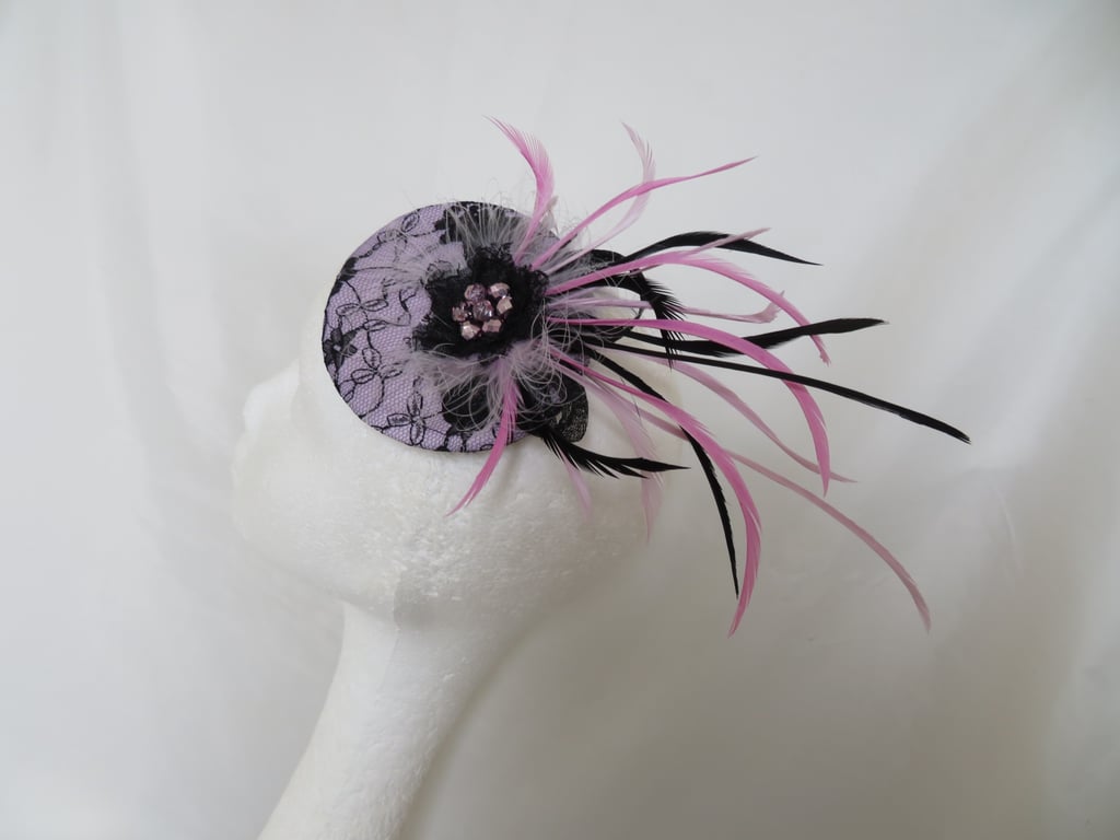 Lavender Lilac & Black Lace Retro Mini Cocktail Percher Hat Fascinator Wedding