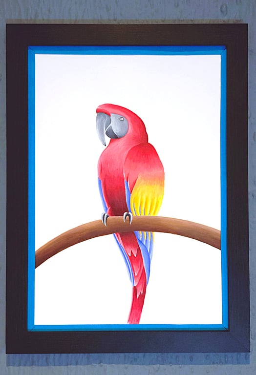 Handmade Unique Framed A3 Print Colourful Macau Parrot Dark Blue Border Wallart