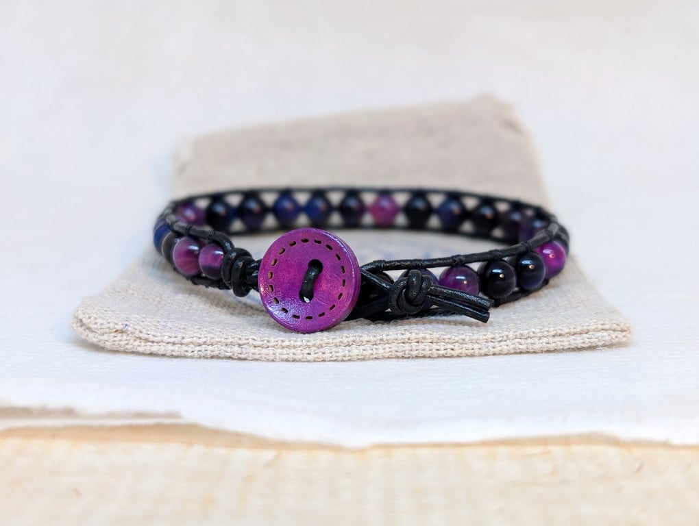 Black leather and purple galaxy tigers eye gemstone bracelet 