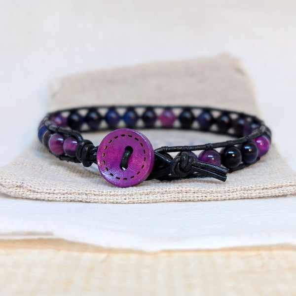 Black leather and purple galaxy tigers eye gemstone bracelet 