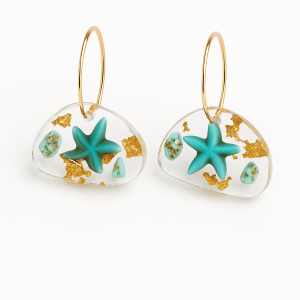 Turquoise Starfish Resin Hoop Earrings – Gold Leaf Ocean Drops
