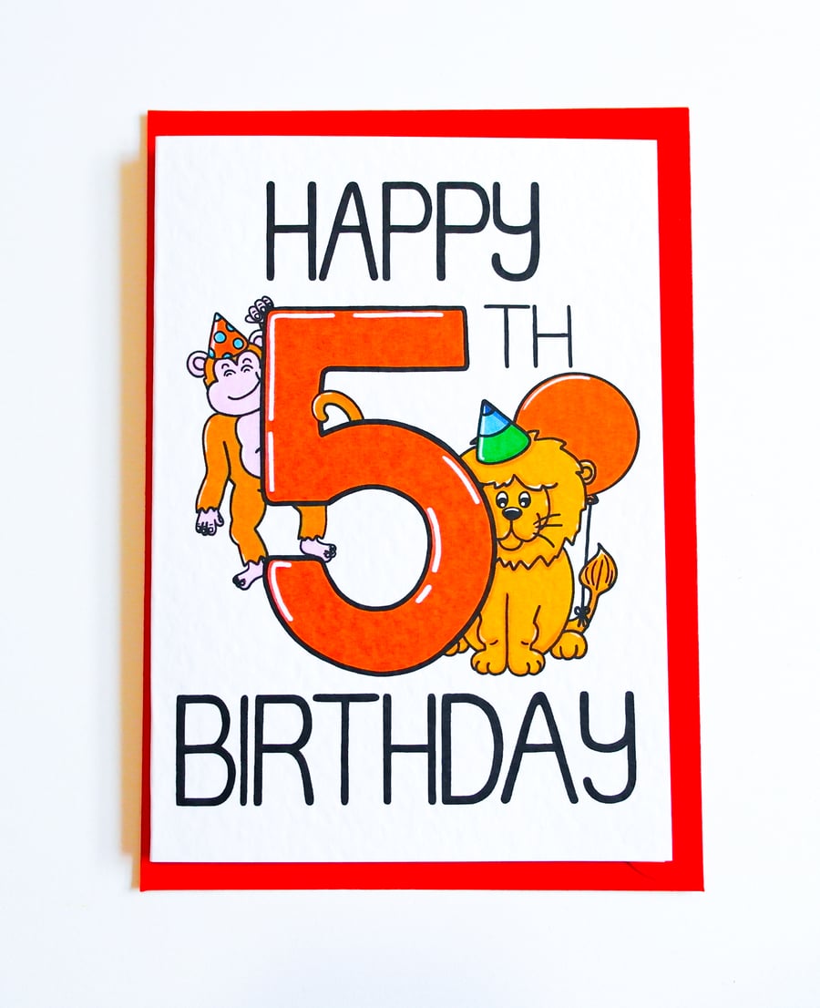 5th Birthday Card, Cute Animals Fifth Birthday Card for 5 Year Old Boy or Girl 