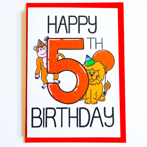 Happy 5th Birthday card, cute animals Birthday Card for 5 year old Boy or Girl 