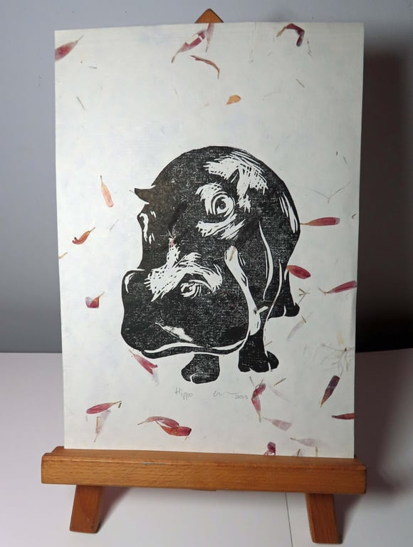 Hippo Open Edition Hand-Pulled Linocut Print Cream