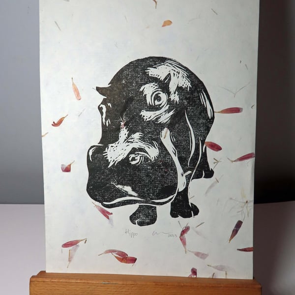 Hippo Open Edition Hand-Pulled Linocut Print Cream