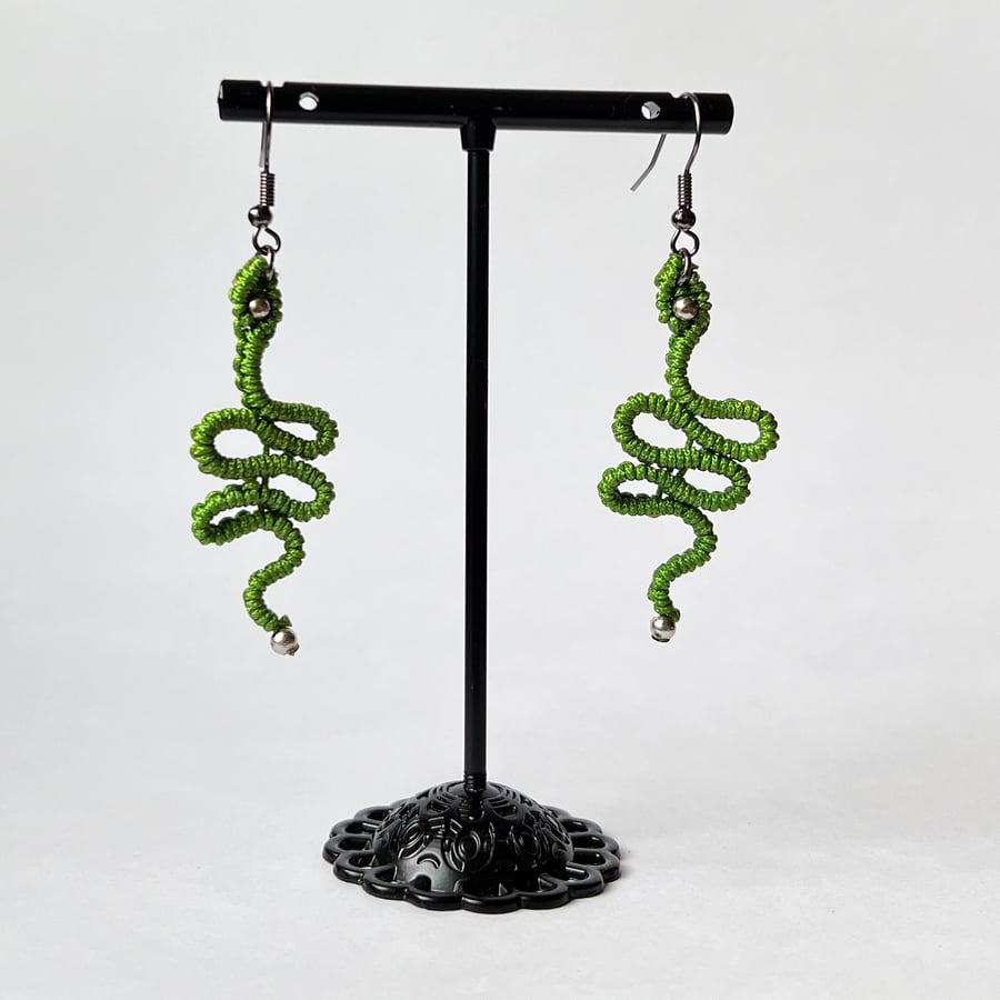 Earrings Macrame - Green Snake FREE UK P&P