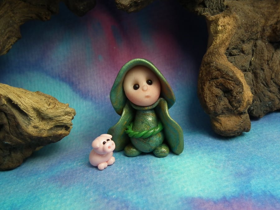 Tiny Gnome Pig-keeper with Piglet Pig OOAK Sculpt by Ann Galvin Gnome Village