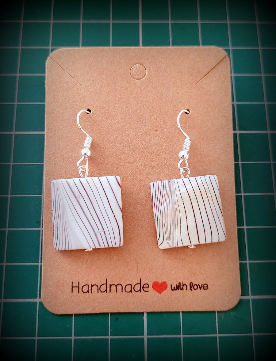 White & Black Glass Square Charm Dangle Earrings on Silver Plated Earring Hooks