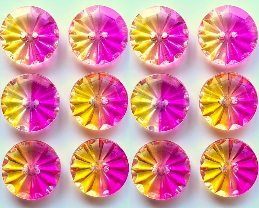12 Yellow and Fuchsia See Through Buttons, Clear, 18mm Wide
