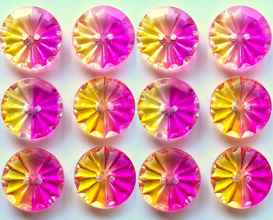 12 Yellow and Fuchsia See Through Buttons, Clear, 18mm Wide
