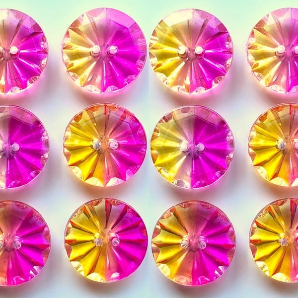 12 Yellow and Fuchsia See Through Buttons, Clear, 18mm Wide