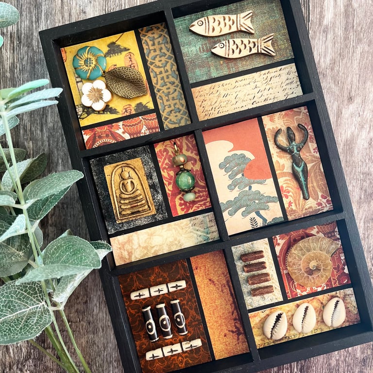 Mixed media assemblage, boho home decor, cabinet of curiosities, new home gift