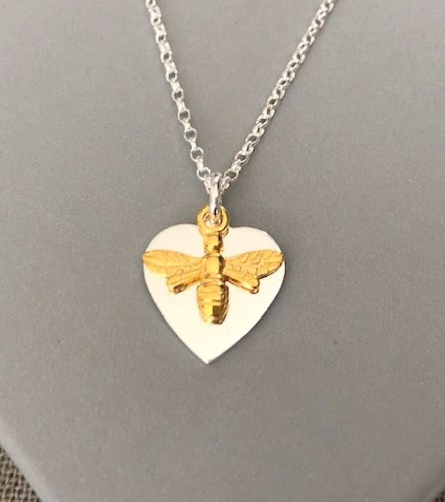 Sterling Silver Gold Bee Charm Heart Necklace