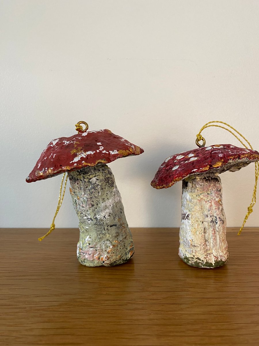 2 x Recycled Paper mache toadstool fungi. Rustic Fly Agaric hanging decoration