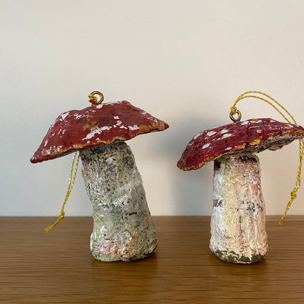 2 x Recycled Paper mache toadstool fungi. Rustic Fly Agaric hanging decoration