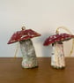 2 x Recycled Paper mache toadstool fungi. Rustic Fly Agaric hanging decoration