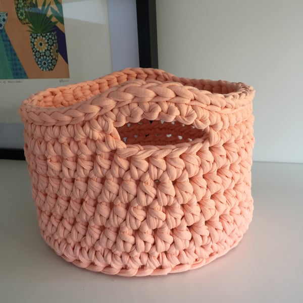 Crochet basket made with upcycled tshirt yarn - peachy pink