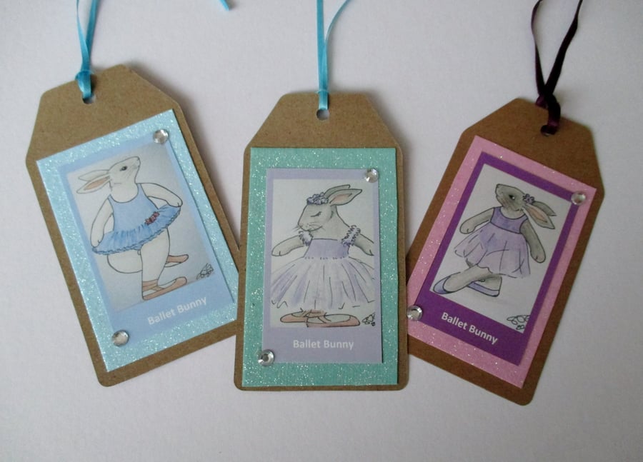 3x Gift Tag Bunny Rabbit Picture Ballet Dance Dancer in Tutus