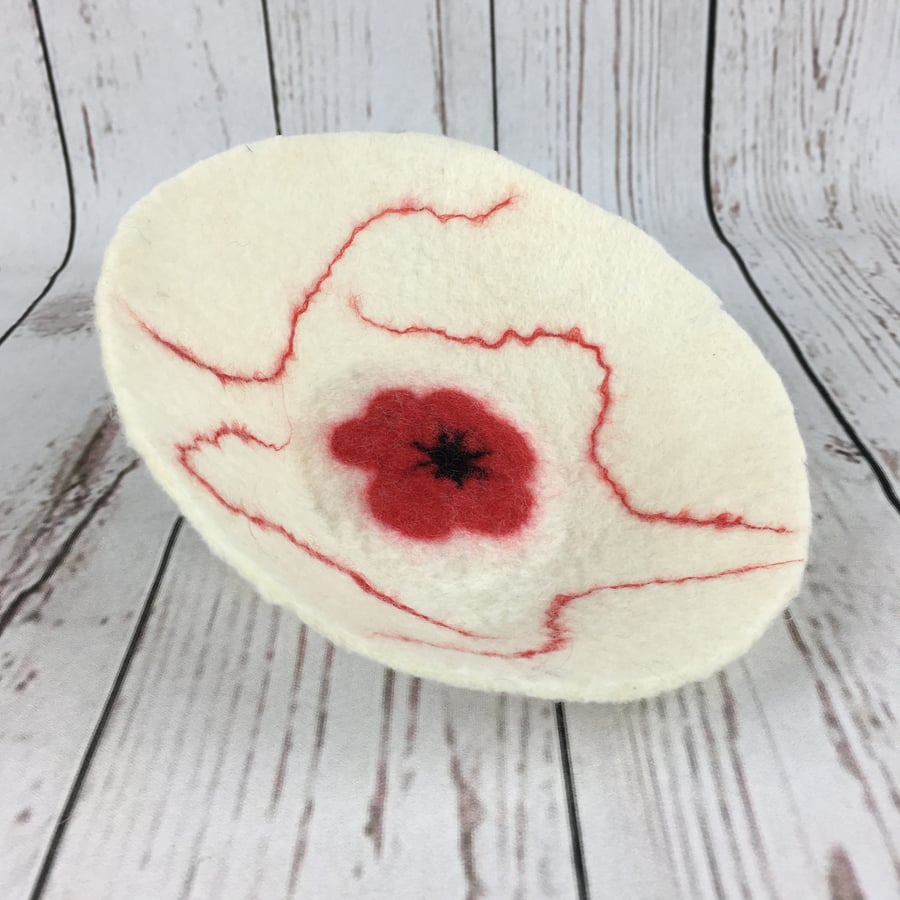 Felted bowl, decorative dish, trinket dish, white with large red flower