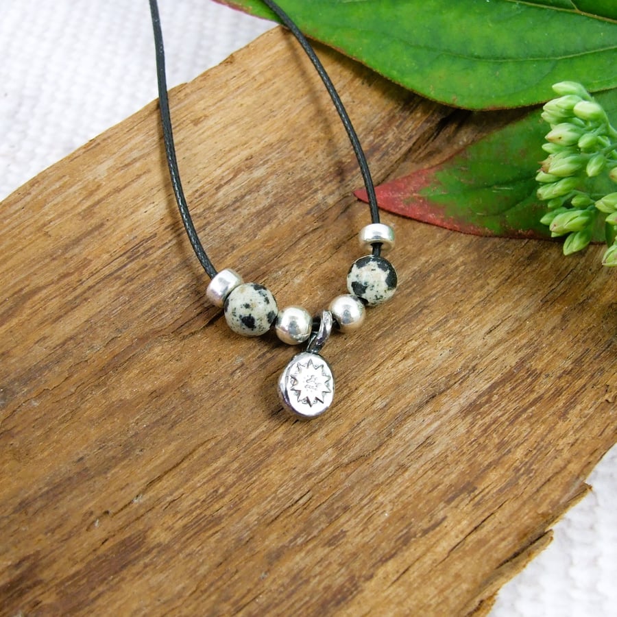 Silver Sunflower Pebble Necklace or Wrap Bracelet on Waxed Cord with Jasper