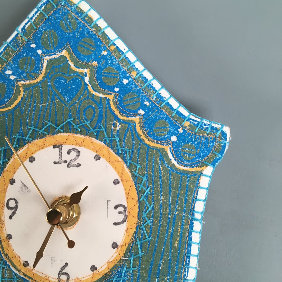 Hand printed quirky textile clock- yellow with turquoise 
