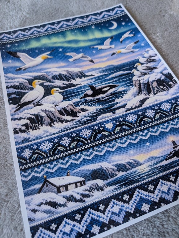 Northern lights orca seabird knitted Scene A4 photo print 