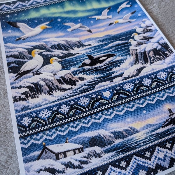 Northern lights orca seabird knitted Scene A4 photo print 
