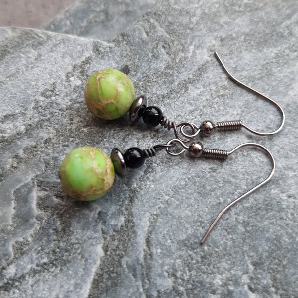 Green Variscite Haematite and Black Agate Drop Earrings