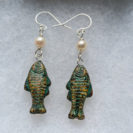 The Something Fishy earrings. Sterling silver wire wrapped Japanese akoya pearl 