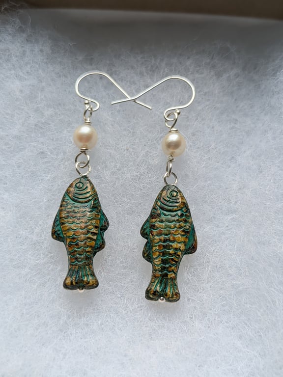 The Something Fishy earrings. Sterling silver wire wrapped Japanese akoya pearl 