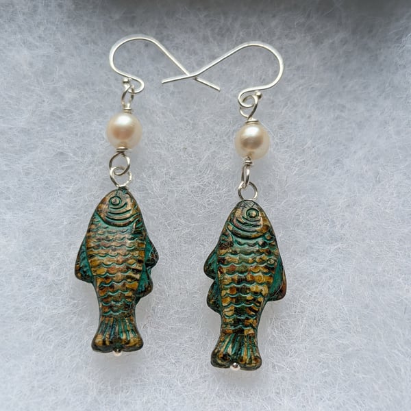 The Something Fishy earrings. Sterling silver wire wrapped Japanese akoya pearl 