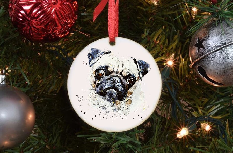 Pug Round Tree Decoration.Black Pug Xmas Tree Decoration,Black Pug Christmas Tre