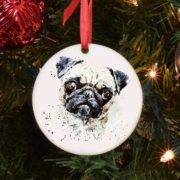 Pug Round Tree Decoration.Black Pug Xmas Tree Decoration,Black Pug Christmas Tre