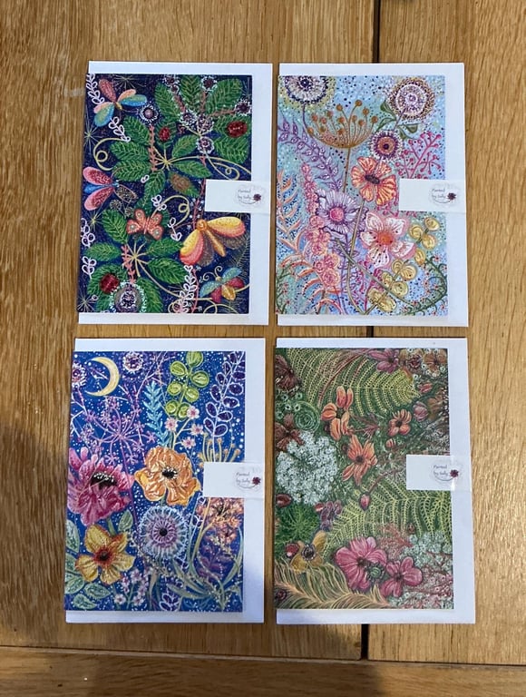 Botanical blank card set - handpainted whimsical colourful designs - Cottagecore