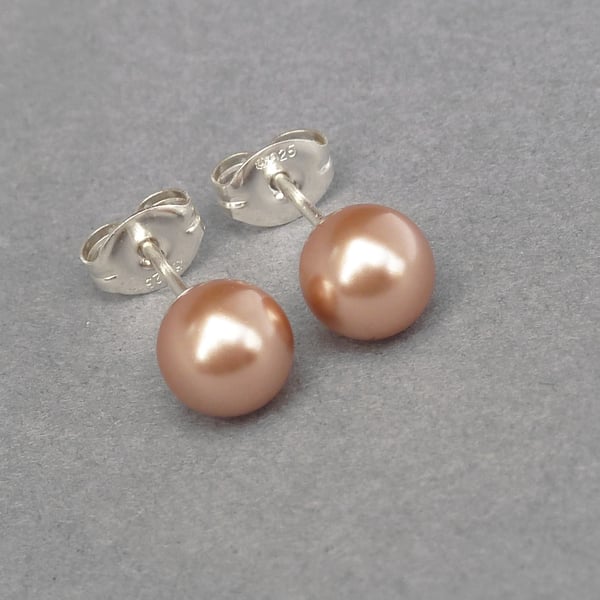 Small 6mm Rose Gold Pearl Studs - Simple Round Copper Stud Earrings - Gifts