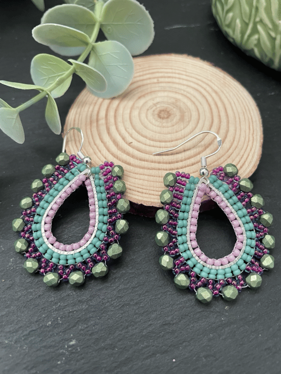 Beautiful teardrop design glass beaded drop earrings, boho earrings 