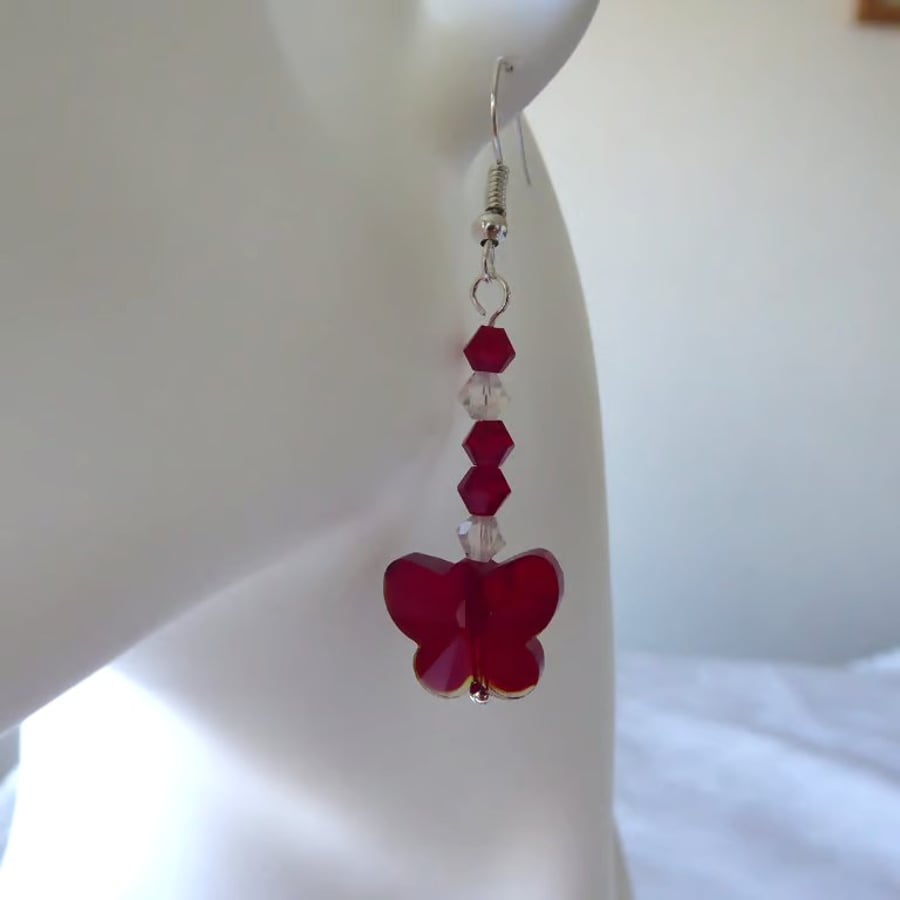  Pair of  Red Crystal Glass Butterfly Earrings 