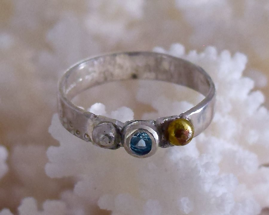 Ring Handmade Silver and Gold Stamped set with Turquoise Cubic Zircon