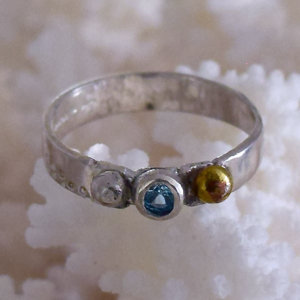 Ring Handmade Silver and Gold Stamped set with Turquoise Cubic Zircon