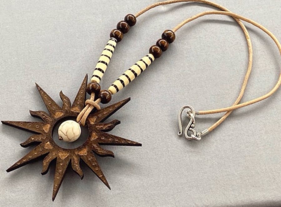 Boho Tribal Wooden Engraved Starburst Unisex Leather Necklace