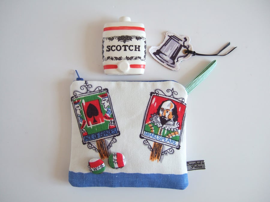 Holiday purse or pouch in a vintage print of pub and Inn signs.