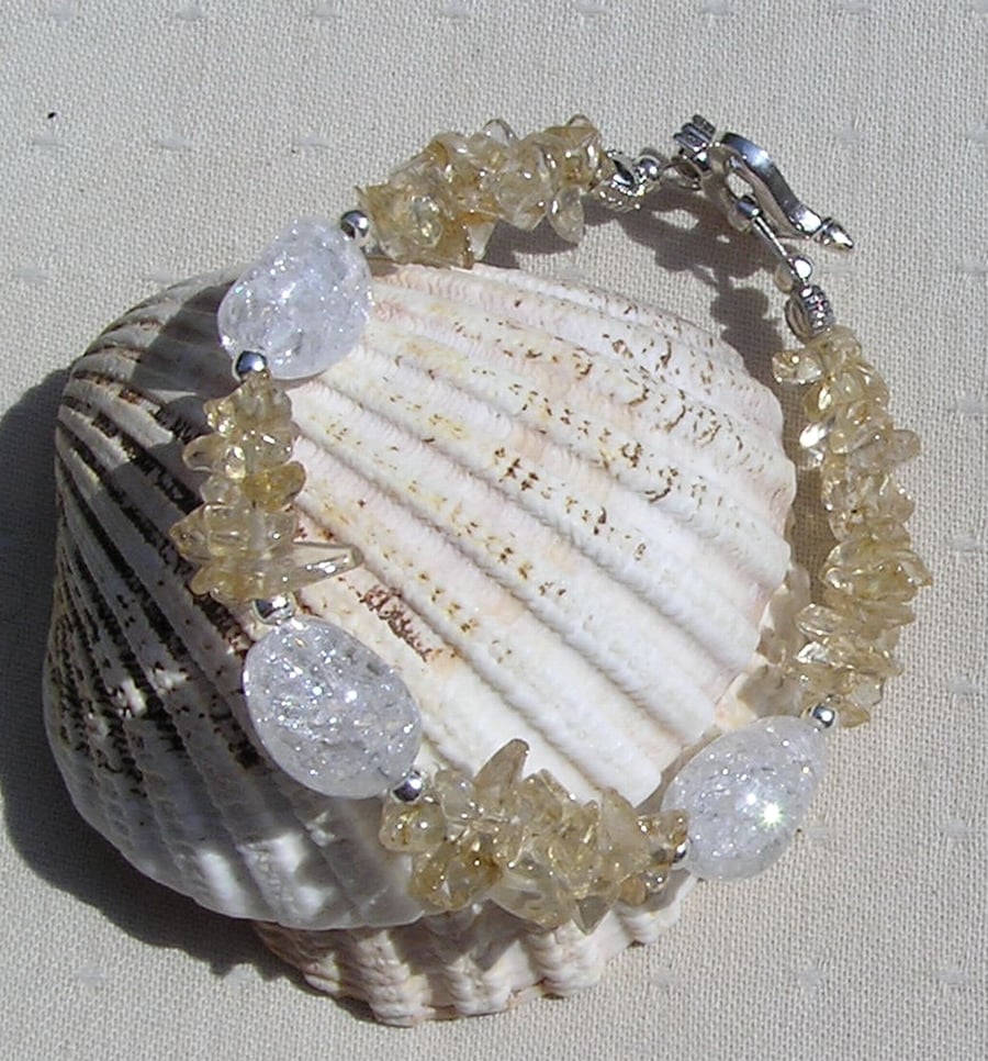 Yellow Citrine & Crackled Clear Quartz Gemstone Bracelet "Primrose Dew"