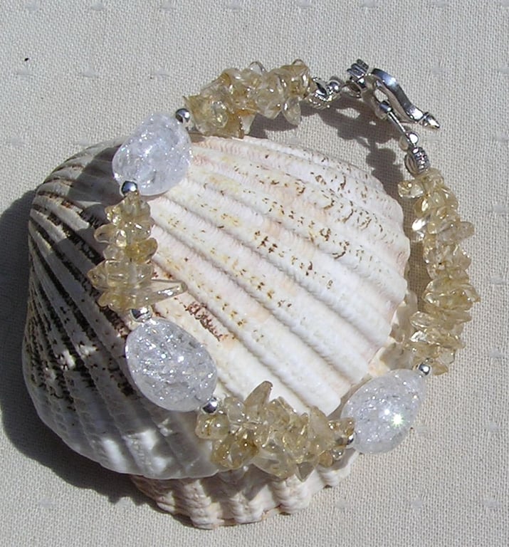 Yellow Citrine & Crackled Clear Quartz Gemstone Bracelet "Primrose Dew"