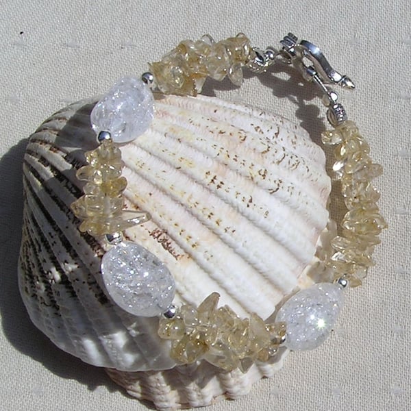 Citrine & Crackled Clear Quartz Crystal Gemstone Bracelet "Primrose Dew"