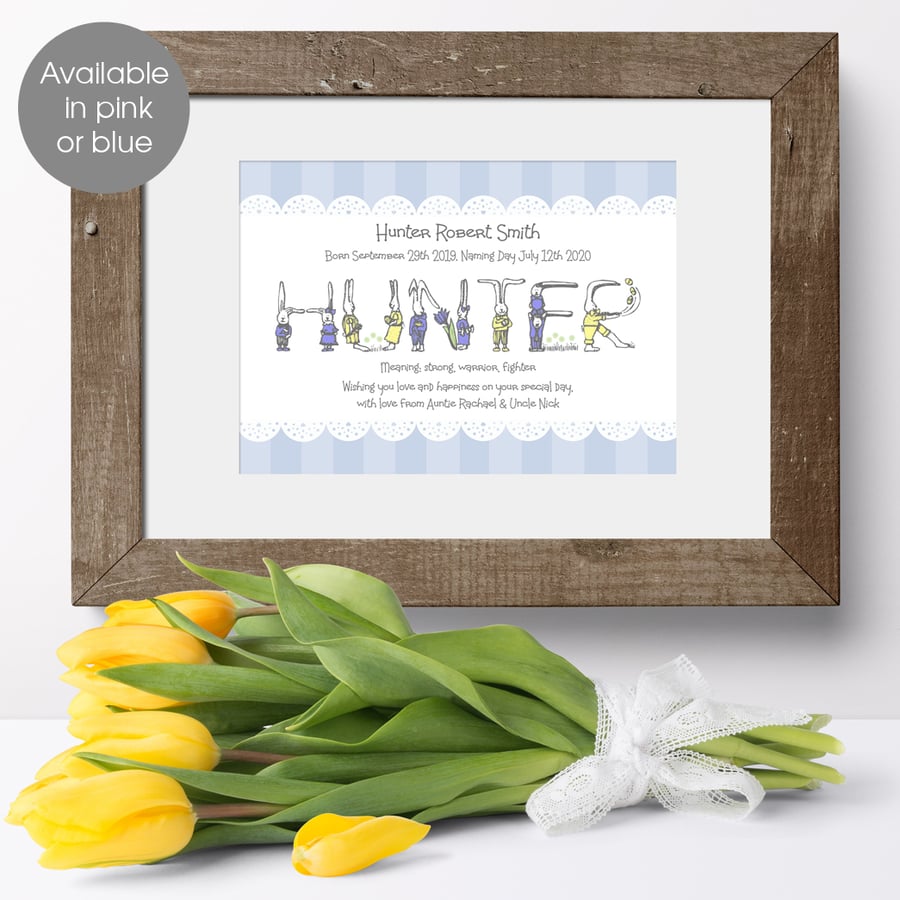 Personalised Meaning of Name Bunny Print, christening gift for new baby