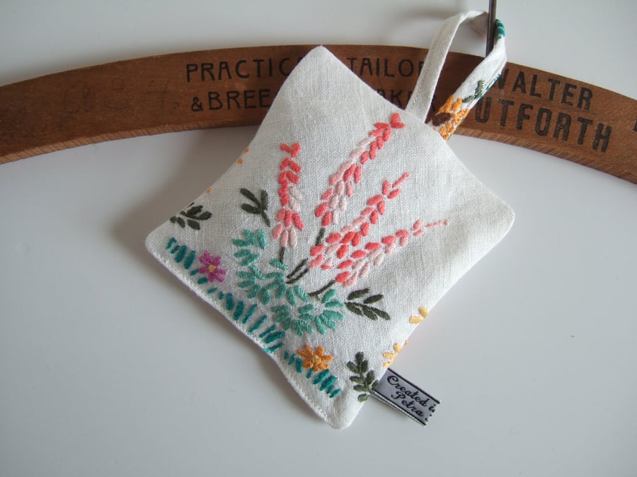 Vintage embroidery floral lavender bag with Yorkshire lavender. Larger size.