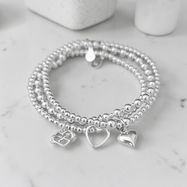 Sterling Silver Heart Charm Stretch Bracelet Set 925