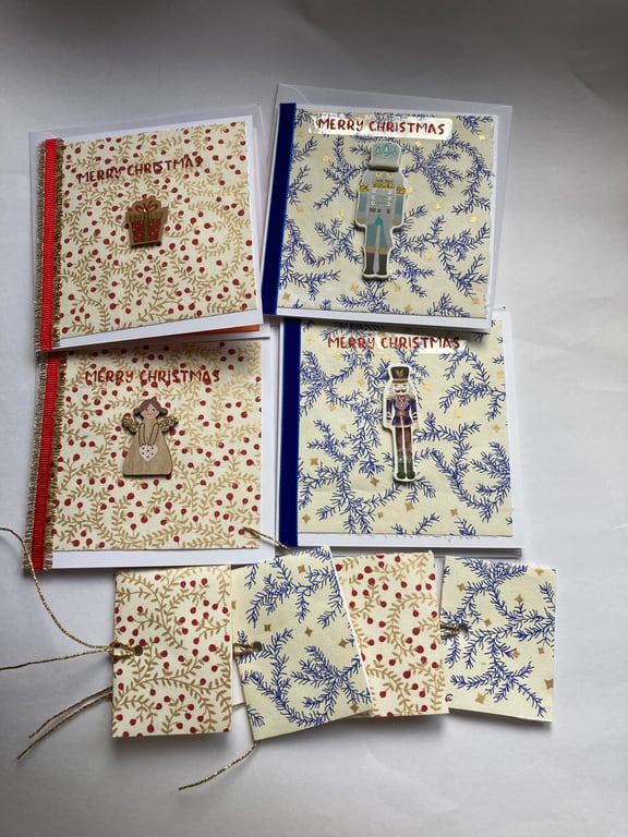 4 handmade Christmas cards plus matching gift tags