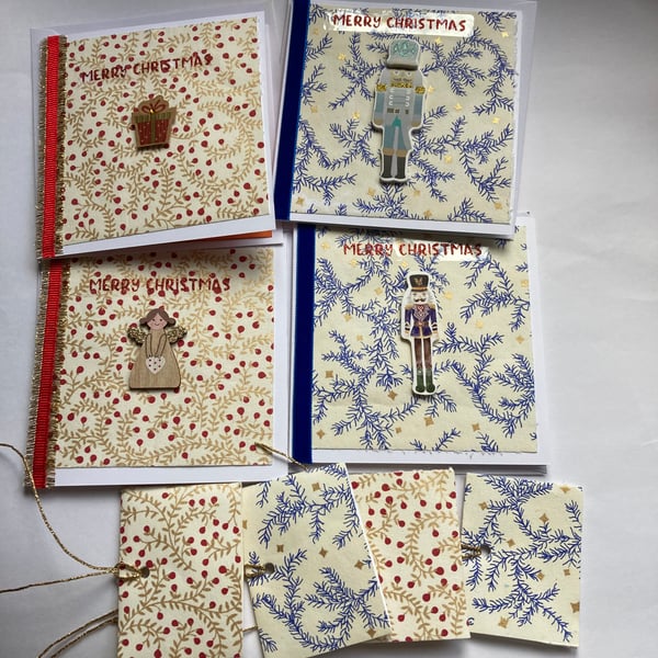4 handmade Christmas cards plus matching gift tags